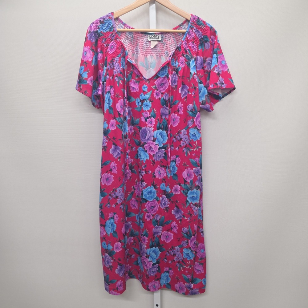 Basic Editions Vintage Floral Smocked Neck House Dress Pink Blue Large RN 82940